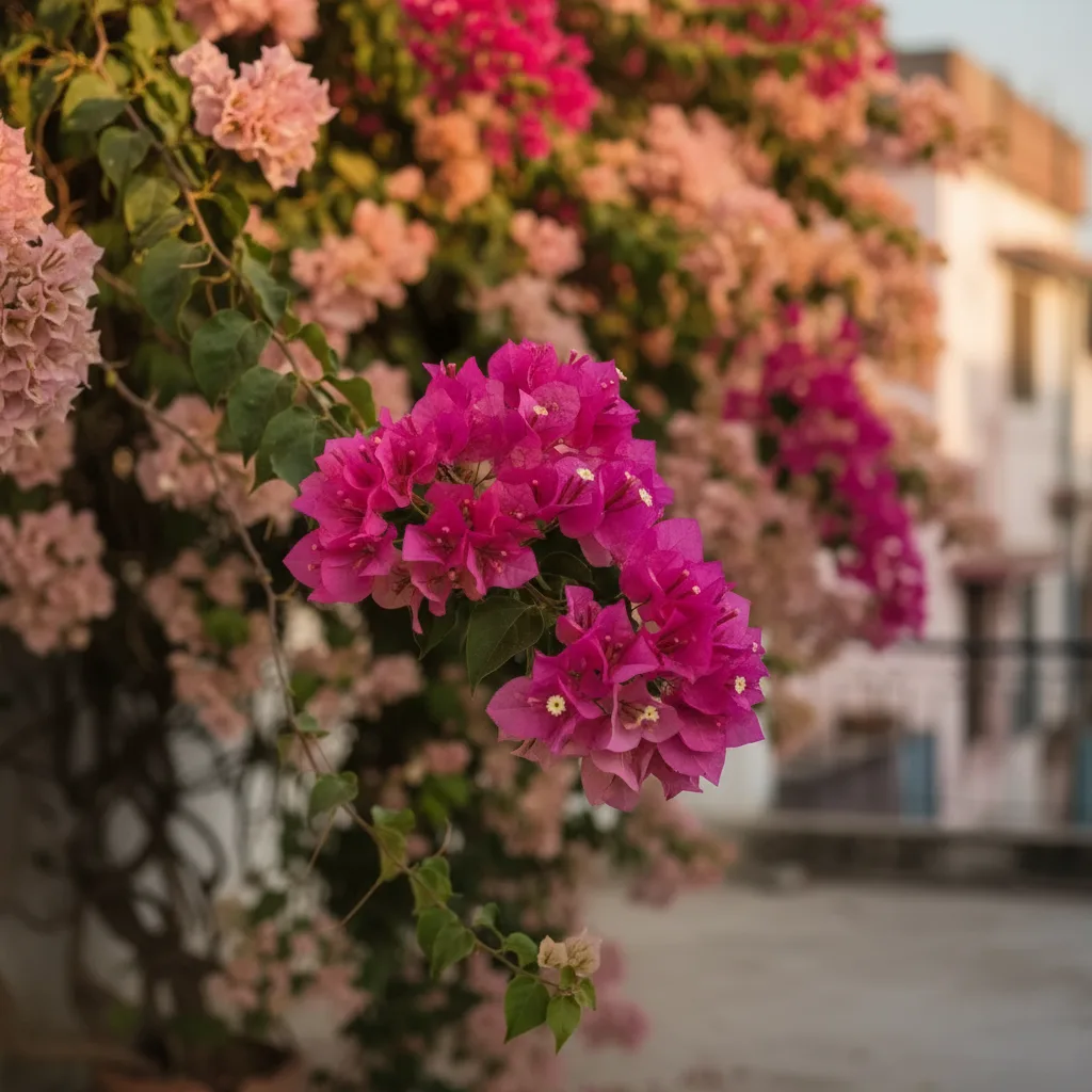 Close-up of vibrant fuchsia-pink blooms of the Multi Color Bougainvillea Plant, with softer salmon flowers blurred in the background