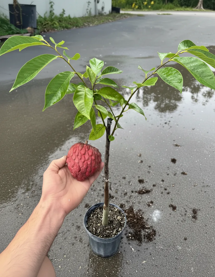 A hand holds a ripe, red custard apple (Annona squamosa) next to a small, potted sapling of the same plant. The ground is wet with scattered soil, suggesting recent care or watering