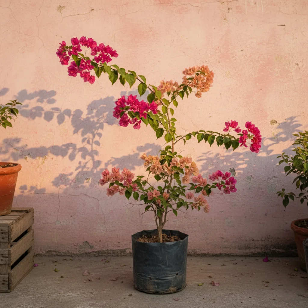 Extreme close-up of a vibrant fuchsia bloom cluster from the Multi Color Bougainvillea Plant with softer salmon and pink blooms in the background