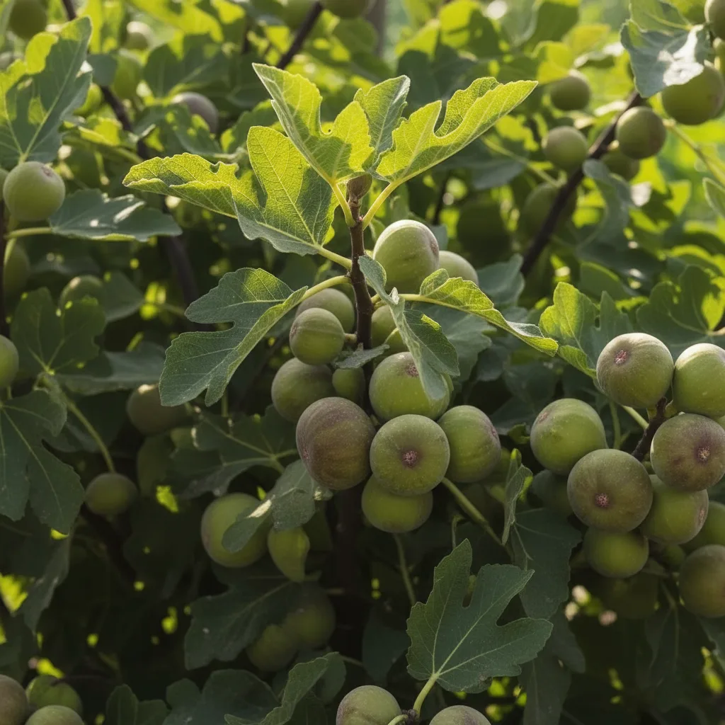 A close-up shot of green, unripe Turkey Figs growing in clusters on a branch, surrounded by large, multi-lobed green leaves, brightly lit by sunlight filtering through the foliage