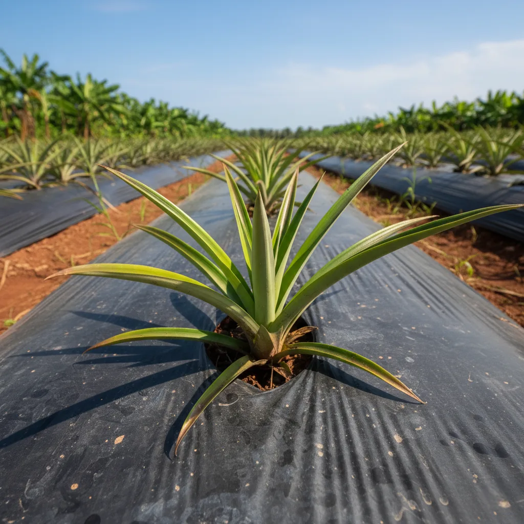 A young pineapple plant with long, spiky green leaves, growing out of black plastic mulch in a field. Rows of similar plants recede into the distance, with a row of banana plants visible in the background