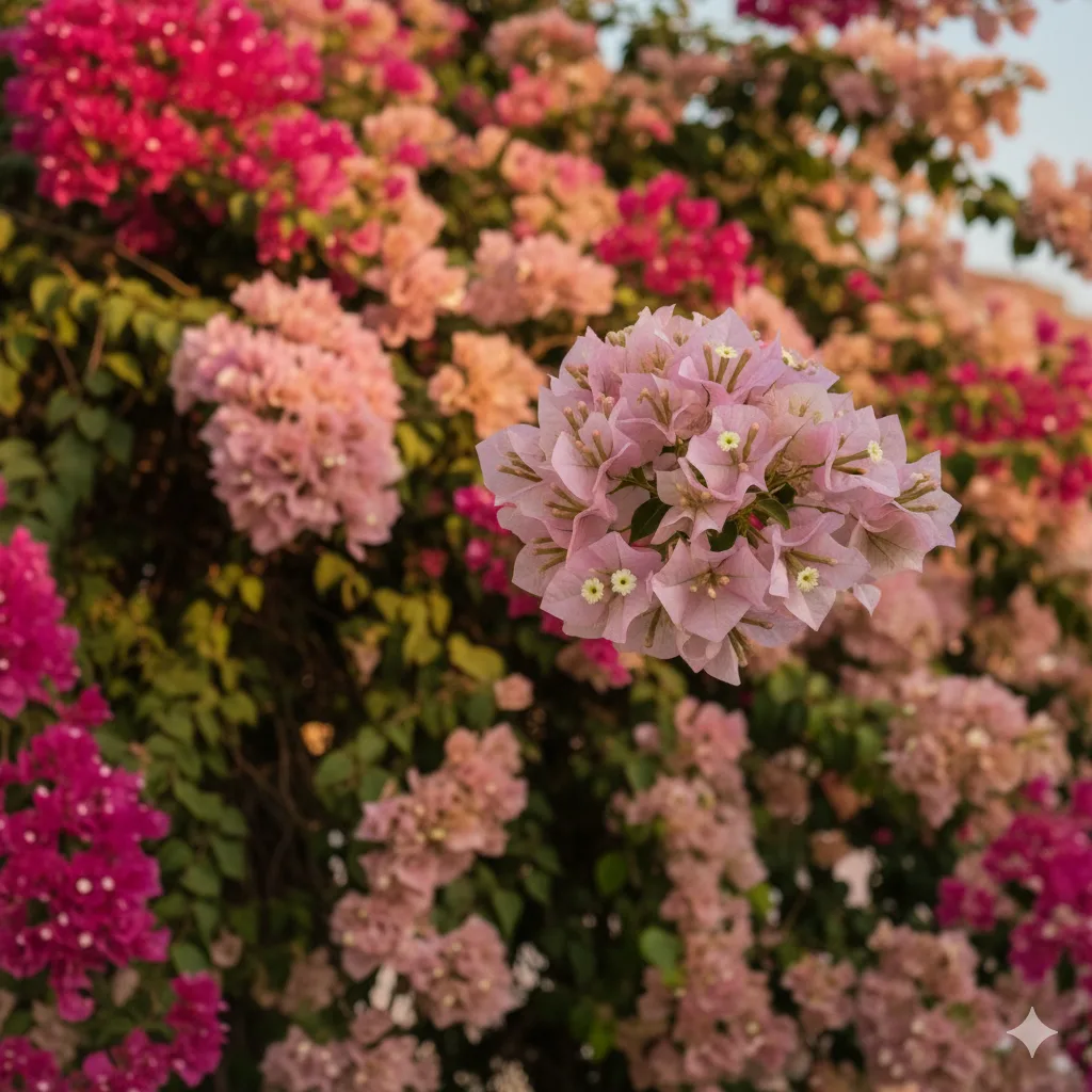 Detailed close-up of a bloom cluster from the Multi Color Bougainvillea Plant, showing pink, salmon, and creamy white bracts