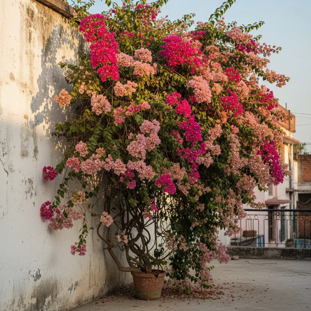 Vibrant Multi Color Bougainvillea Plant in a pot, displaying pink, salmon, and white blooms against a white terrace wall