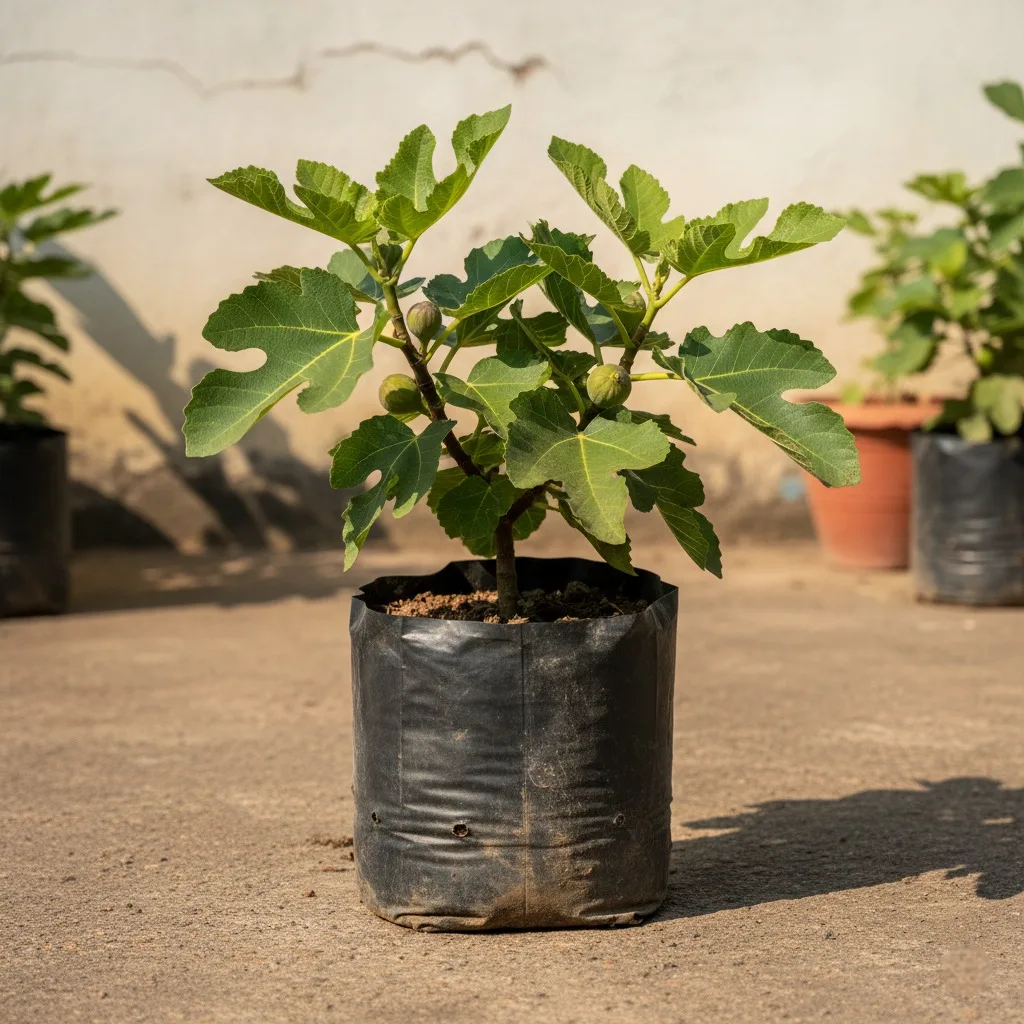 A young Turkish Figs sapling in a black grow bag sits on a concrete surface, featuring vibrant green, lobed leaves and a few small, unripe green figs already growing, with a blurry background of other plants