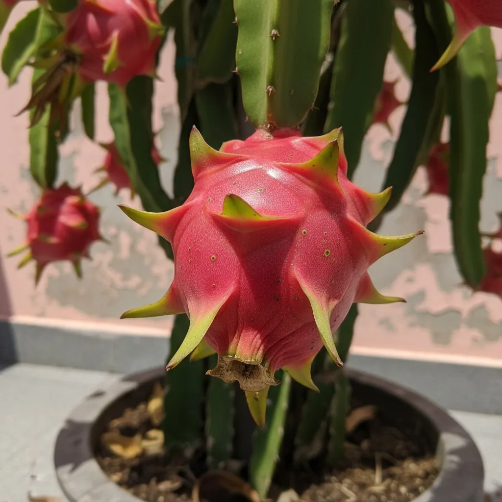 Close-up of a single, ripe Red Dragon Fruit (pitaya) hanging from its cactus vine, showing its vibrant skin and spiky green tips
