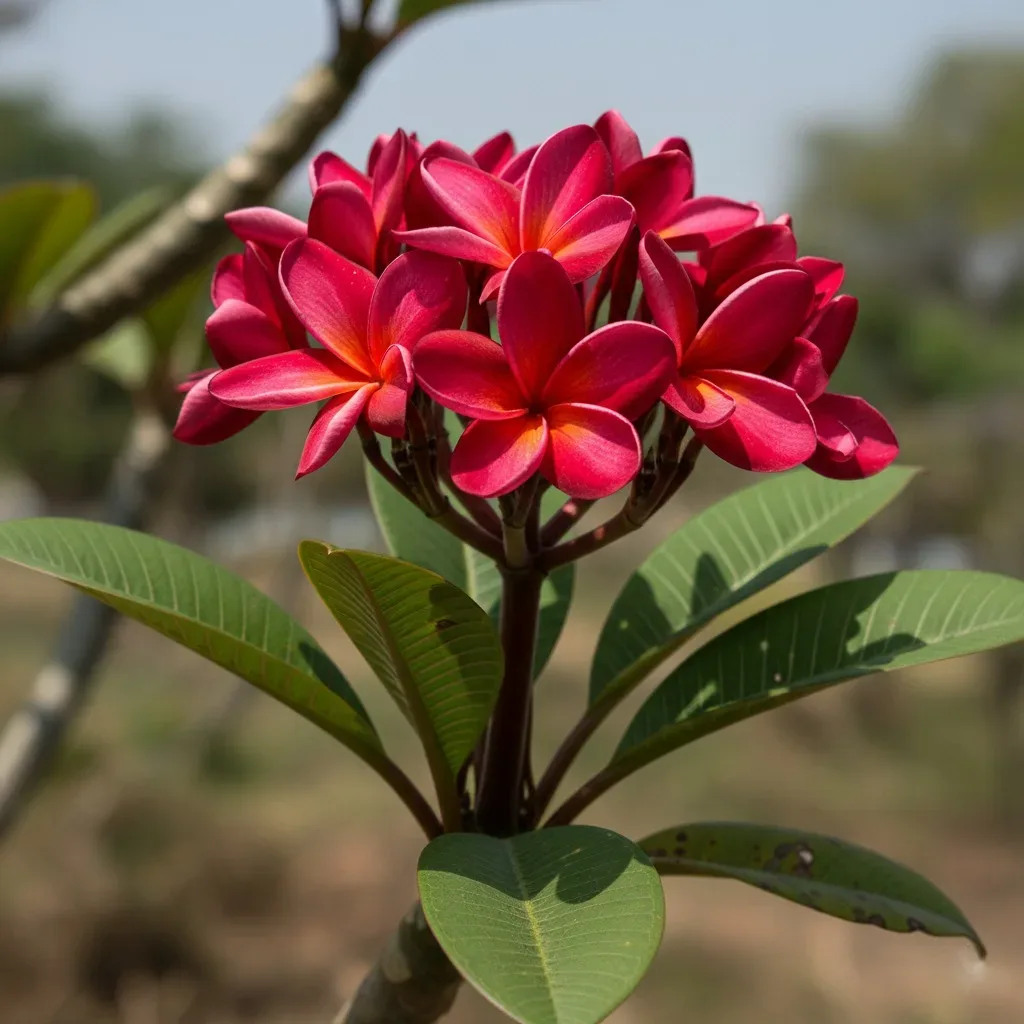 Extreme close-up of a deep Red Plumeria (Frangipani) bloom cluster with orange-yellow centers and glossy green leaves