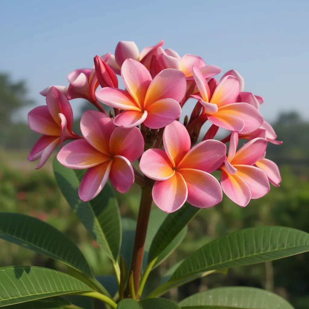Close-up of a stunning, multi-color Plumeria (Frangipani) bloom cluster featuring bright pink petals fading into a sunset orange and yellow center
