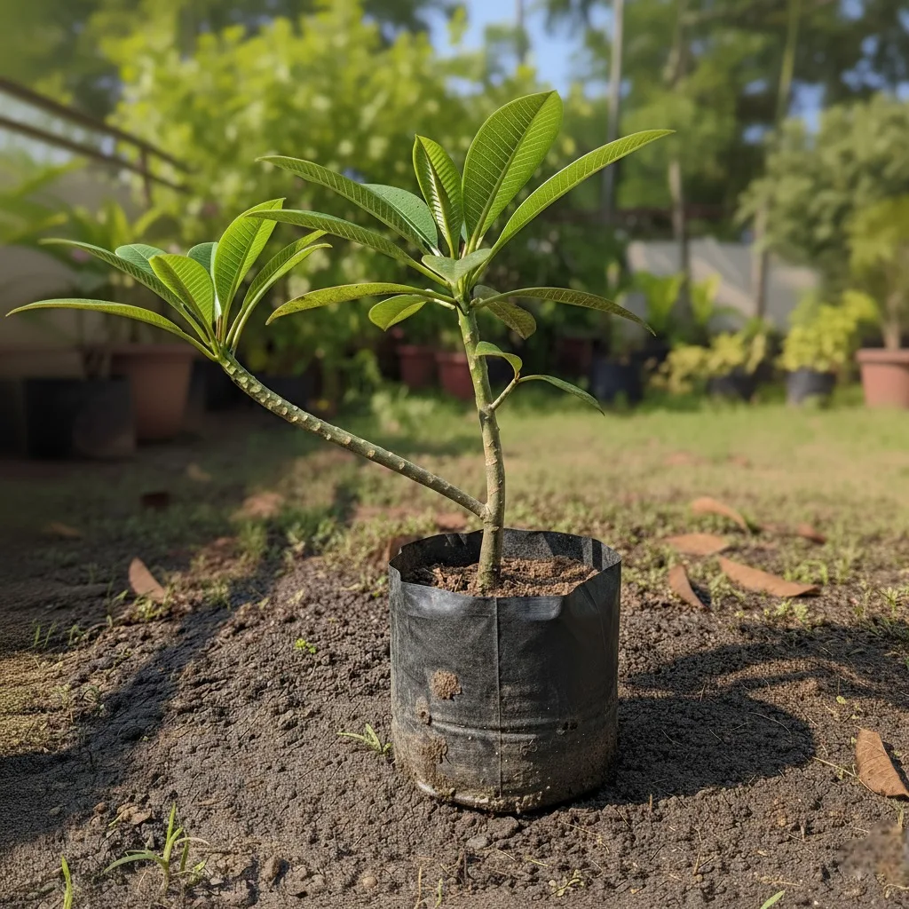Small, healthy Plumeria (Frangipani) sapling in a nursery bag, with two branches and glossy green leaves, ready for transplanting