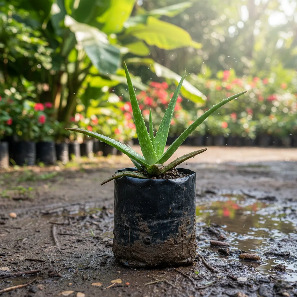 Small, healthy Aloe Vera sapling in a black nursery bag being watered in a sunny outdoor garden setting
