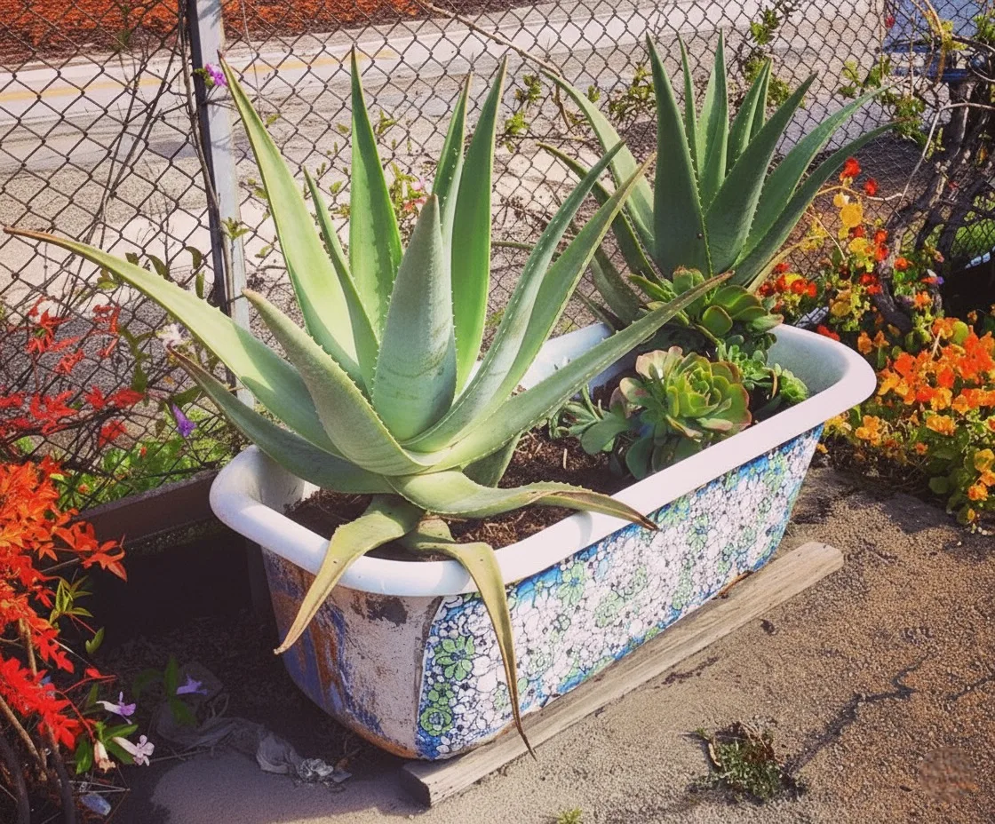 Large Aloe Vera plants and succulents growing in a repurposed, patterned white bathtub planter next to a wire fence