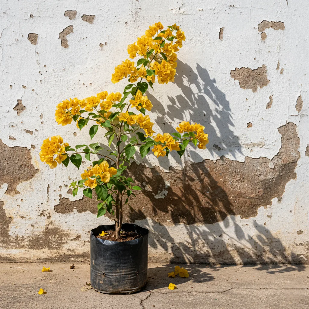 Actively blooming Golden Bougainvillea Plant sapling in a black nursery polybag, shown against a distressed white wall