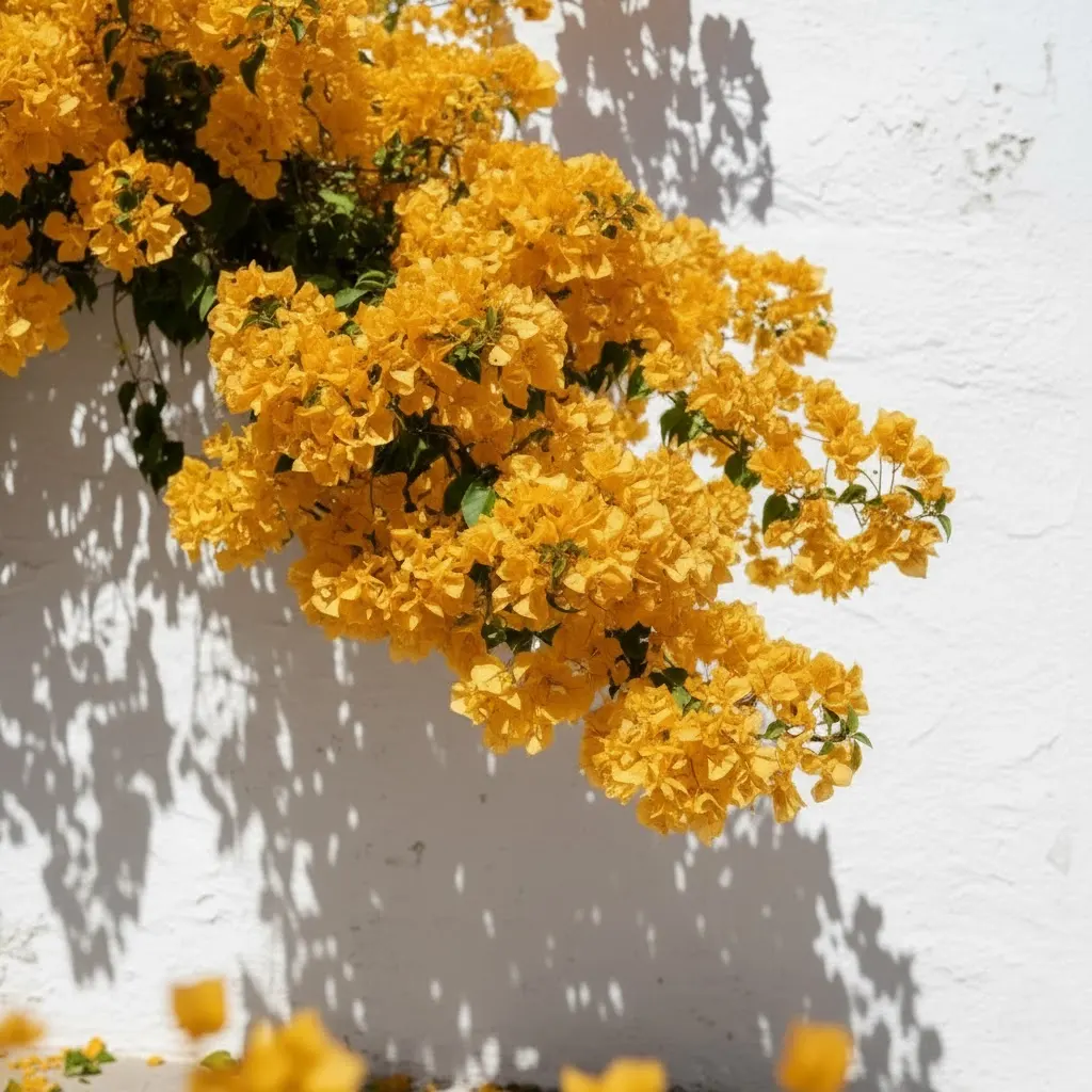 Close-up of lush golden-yellow blooms of the Golden Bougainvillea Plant cascading over a sunlit white wall